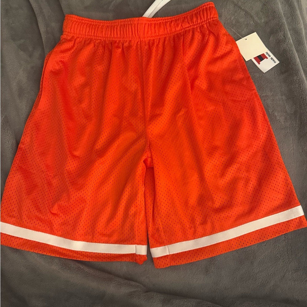 Kids Orange Mesh Athletic Shorts with White Stripe